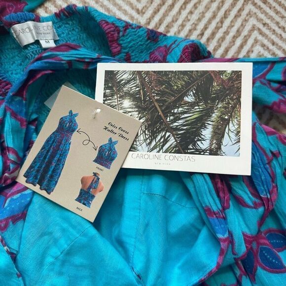 NWT Caroline Constas Criss Cross Halter Floral Maxi Cotton Dress Size M Turquois - Picture 5 of 6